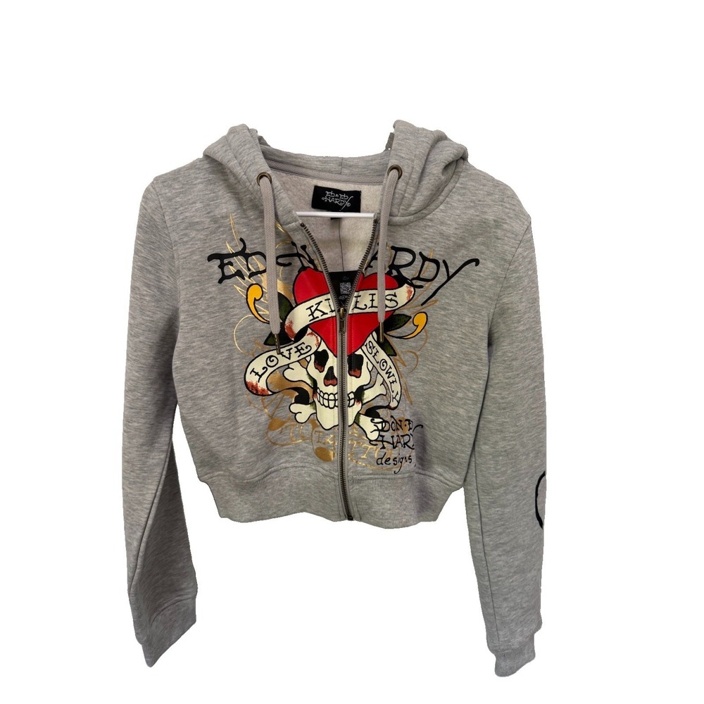 NWT Ed Hardy Hoodie Gray Crop HEARTS & LOVE KILLS SLOWLY Zip-Up Zipper Hoodie-M
